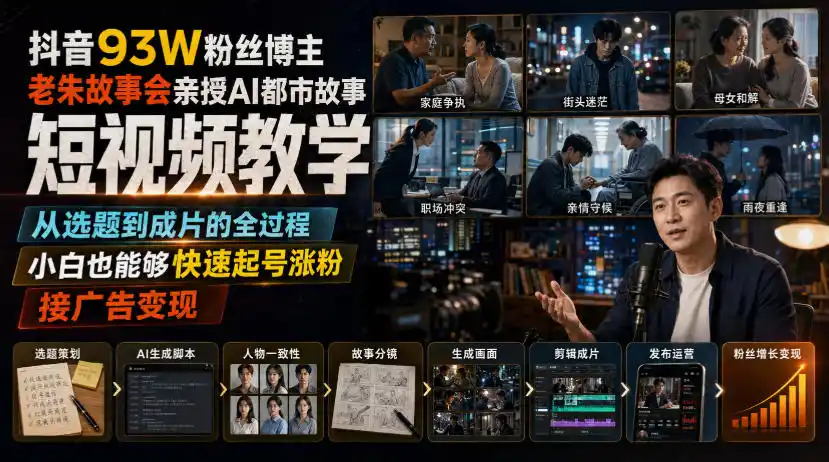 抖音93W粉丝博主老朱故事会亲授AI都市故事短视频教学，从选题到成片的全过程，小白也能够快速起号涨粉接广告变现-得宝资源站