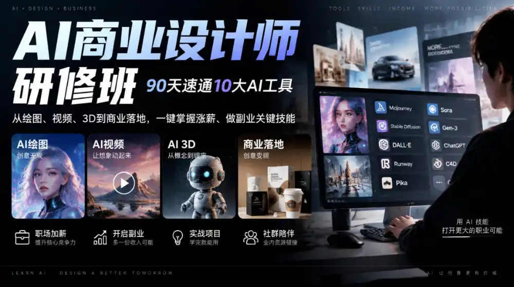 AI商业设计师研修班，90天速通10大AI工具，从绘图、视频、3D到商业落地，一键掌握涨薪、做副业关键技能-得宝资源站