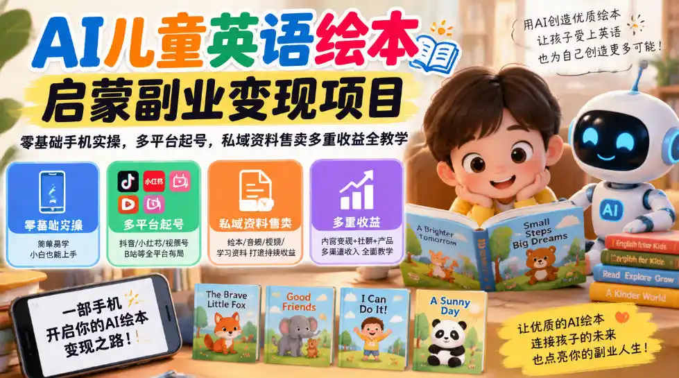 AI儿童英语绘本启蒙副业变现项目，零基础手机实操，多平台起号，私域资料售卖多重收益全教学-得宝资源站