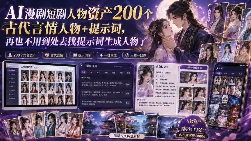 AI漫剧短剧人物资产200个古代言情人物+提示词，再也不用到处去找提示词生成人物了-得宝资源站