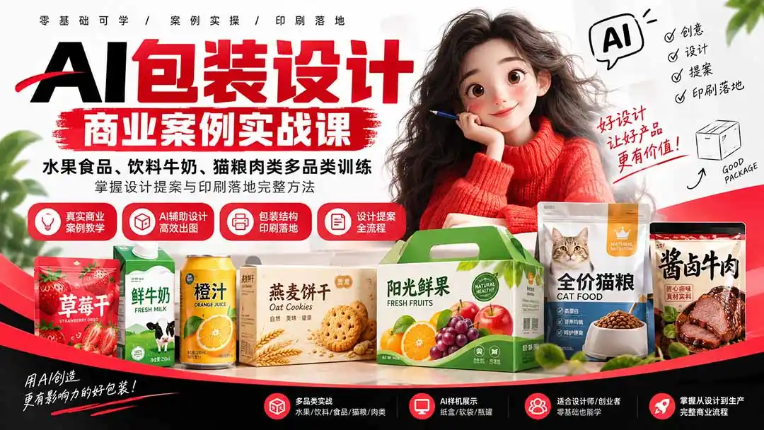 AI包装设计商业案例实战课：水果食品、饮料牛奶、猫粮肉类多品类训练，掌握设计提案与印刷落地完整方法-得宝资源站