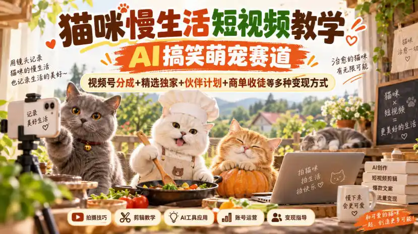 猫咪慢生活短视频教学，AI搞笑萌宠赛道，视频号分成+精选独家+伙伴计划+商单收徒等多种变现方式-得宝资源站