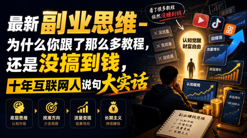 最新副业思维-为什么你跟了那么多教程，还是没搞到钱，十年互联网人说句大实话【揭秘】-得宝资源站