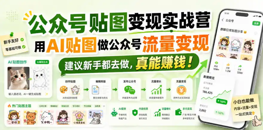 公众号贴图变现实战营，用AI贴图做公众号流量变现，建议新手都去做，真能賺钱！-得宝资源站
