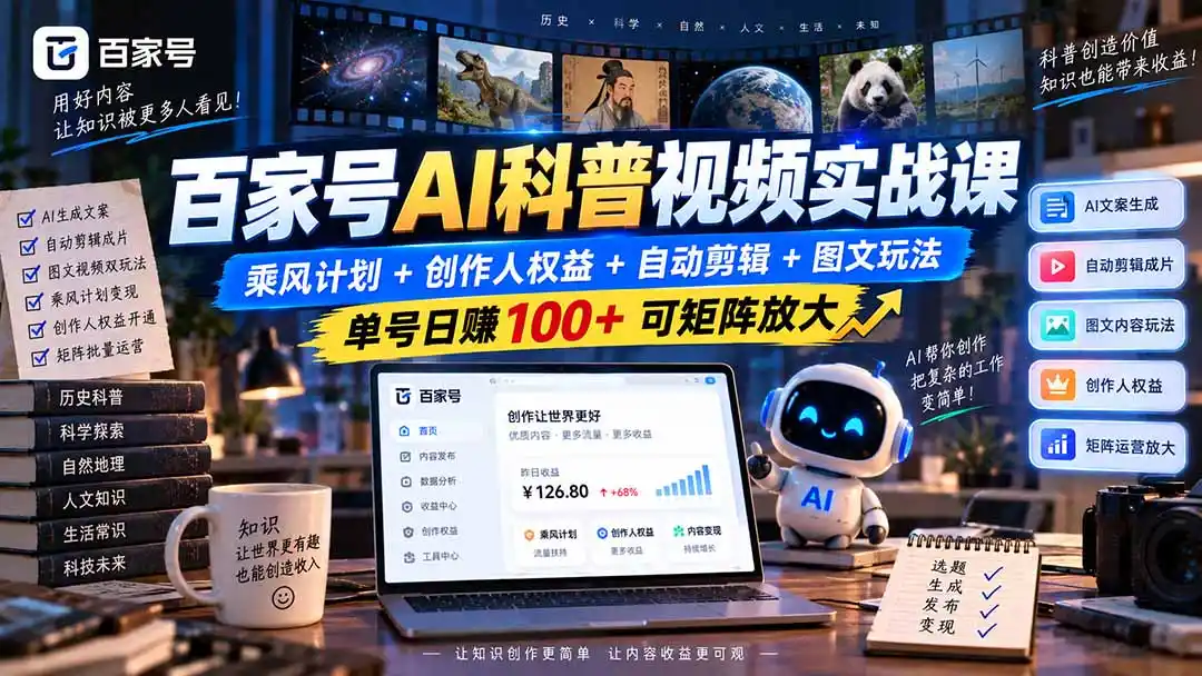百家号AI科普视频实战课：乘风计划+创作人权益+自动剪辑+图文玩法，单号日赚100+可矩阵放大-得宝资源站