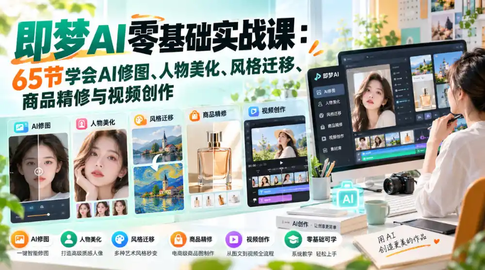 即梦AI零基础实战课：65节学会AI修图、人物美化、风格迁移、商品精修与视频创作-得宝资源站