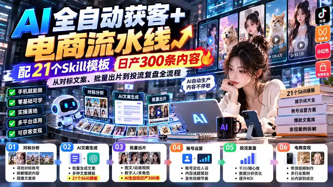 【无水印】AI全自动获客+电商流水线：配21个Skill模板，日产300条内容，从对标文案、批量出片到投流复盘全流程-得宝资源站
