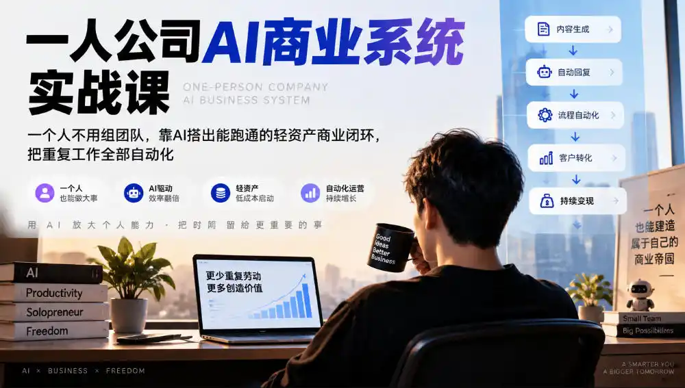 一人公司AI商业系统实战课，一个人不用组团队，靠AI搭出能跑通的轻资产商业闭环，把重复工作全部自动化-得宝资源站