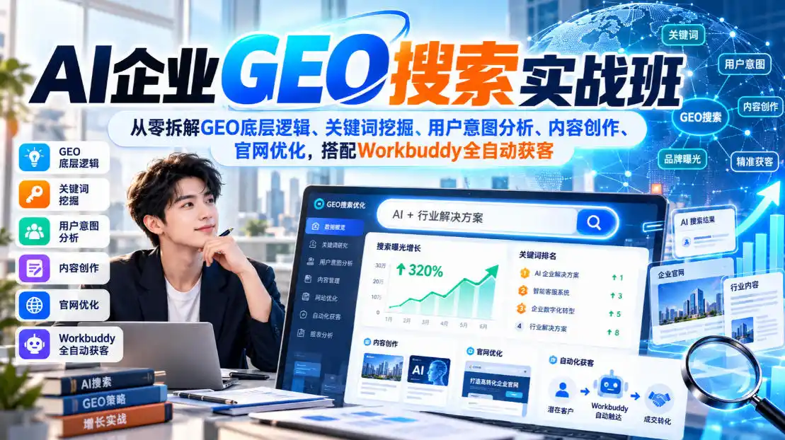 AI企业GEO搜索实战班，从零拆解GEO底层逻辑、关键词挖掘、用户意图分析、内容创作、官网优化，搭配Workbuddy全自动获客-得宝资源站