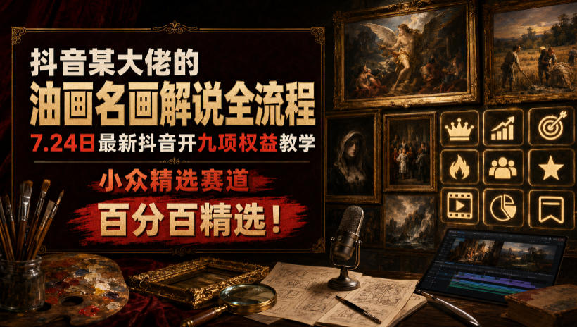 抖音某大佬的油画名画解说全流程，7.24日最新抖音开九项权益教学，小众精选赛道，百分百精选！-得宝资源站