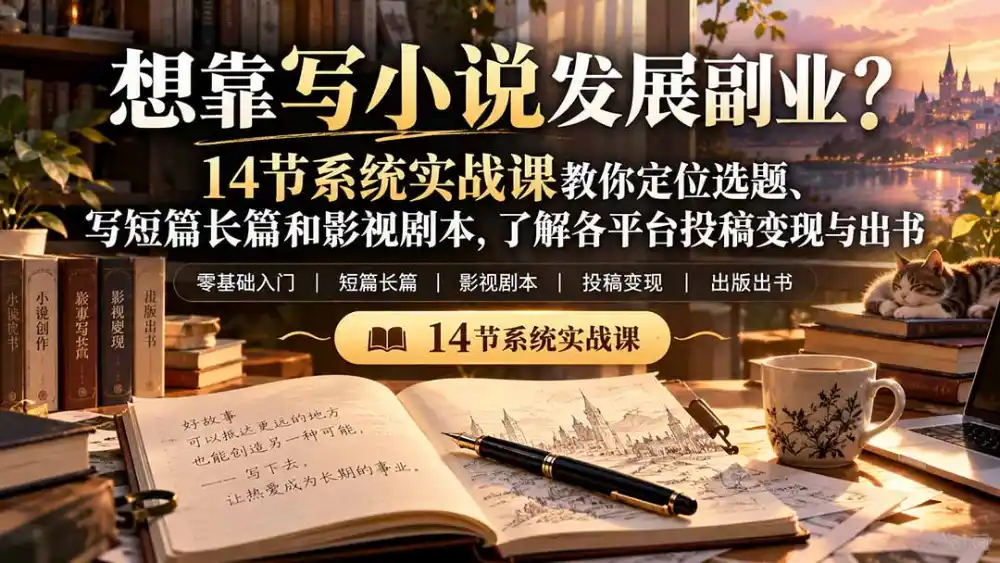 【无水印】想靠写小说发展副业？14节系统实战课教你定位选题、写短篇长篇和影视剧本，了解各平台投稿变现与出书-得宝资源站