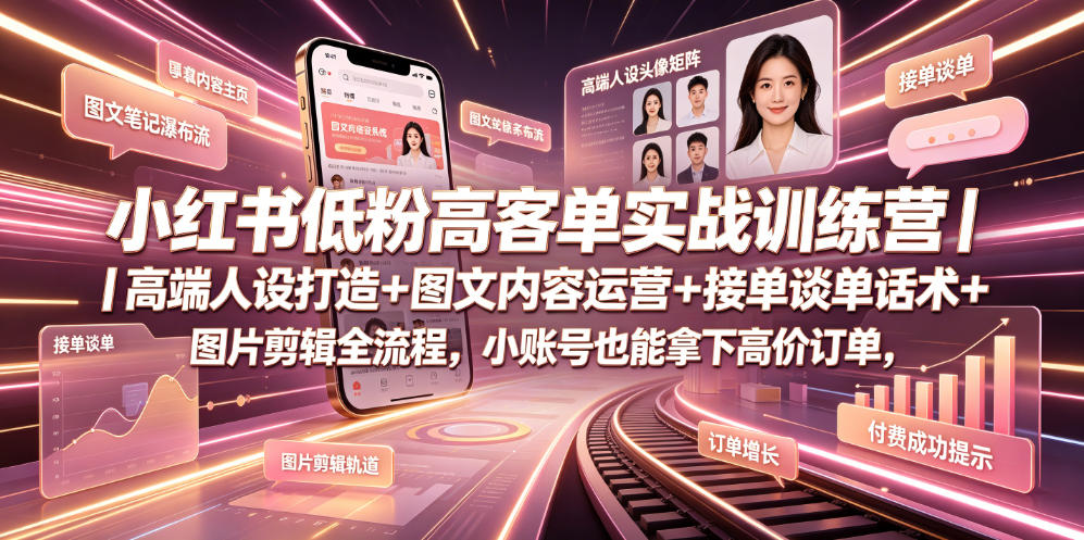 小红书低粉高客单实战训练营｜高端人设打造+图文内容运营+接单谈单话术+图片剪辑全流程，小账号也能拿下高价订单-得宝资源站
