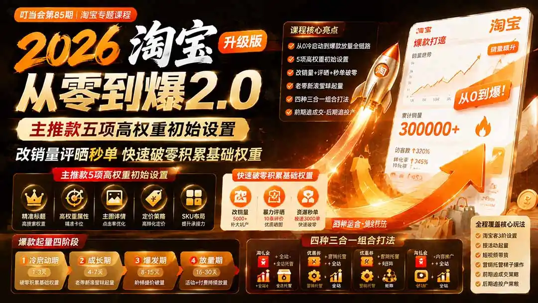 2026淘宝从零到爆2.0第85期；主推款五项高权重初始设置，改销量评晒秒单快速破零积累基础权重-得宝资源站