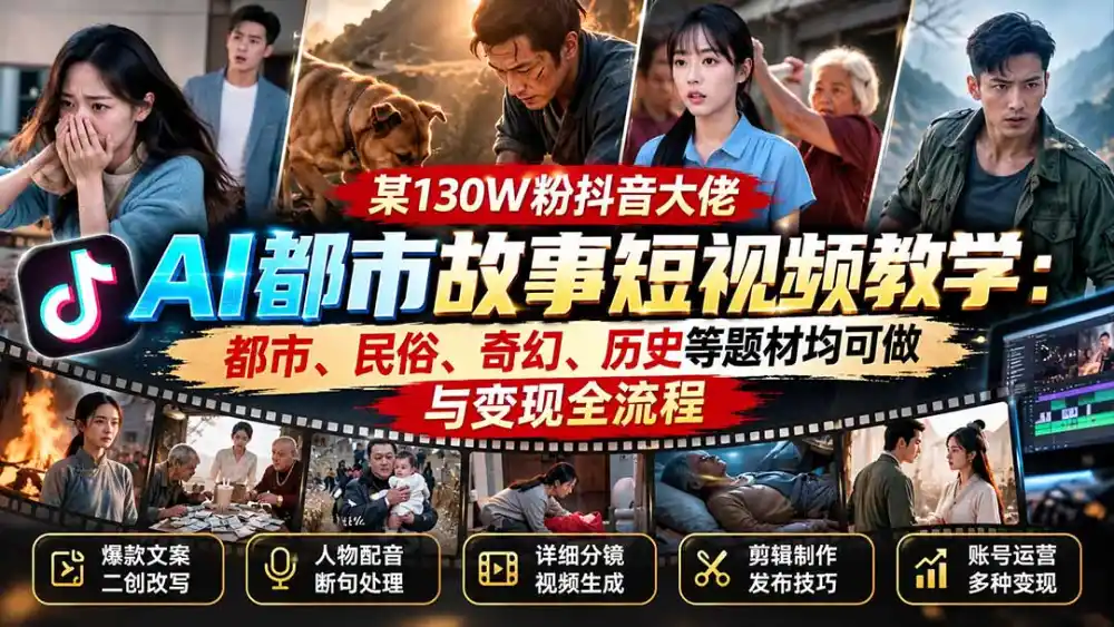 某130W粉抖音大佬AI都市故事短视频教学：都市、民俗、奇幻、历史等题材均可做与变现全流程-得宝资源站