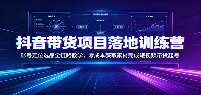 抖音带货项目落地训练营：账号定位选品全链路教学，零成本获取素材完成短视频带货起号-得宝资源站