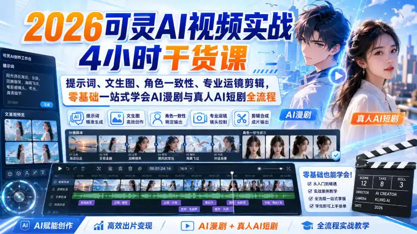 2026可灵AI视频实战4小时干货课｜提示词、文生图、角色一致性、专业运镜剪辑，零基础一站式学会AI漫剧与真人AI短剧全流程-得宝资源站