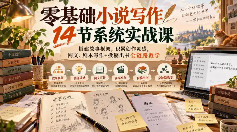 零基础小说写作14节系统实战课,搭建故事框架,积累创作灵感,网文、剧本写作+投稿出书全链路教学