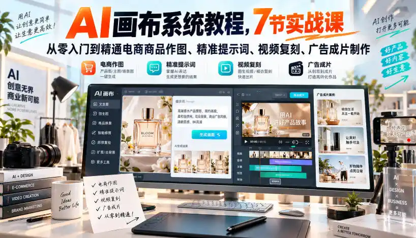 AI画布系统教程，7节实战课从零入门到精通电商商品作图、精准提示词、视频复刻、广告成片制作-得宝资源站
