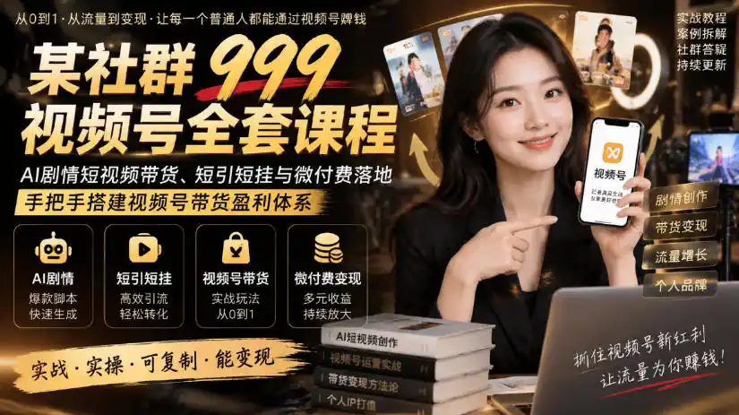某社群999视频号全套课程，AI剧情短视频带货、短引短挂与微付费落地，手把手搭建视频号带货盈利体系-得宝资源站