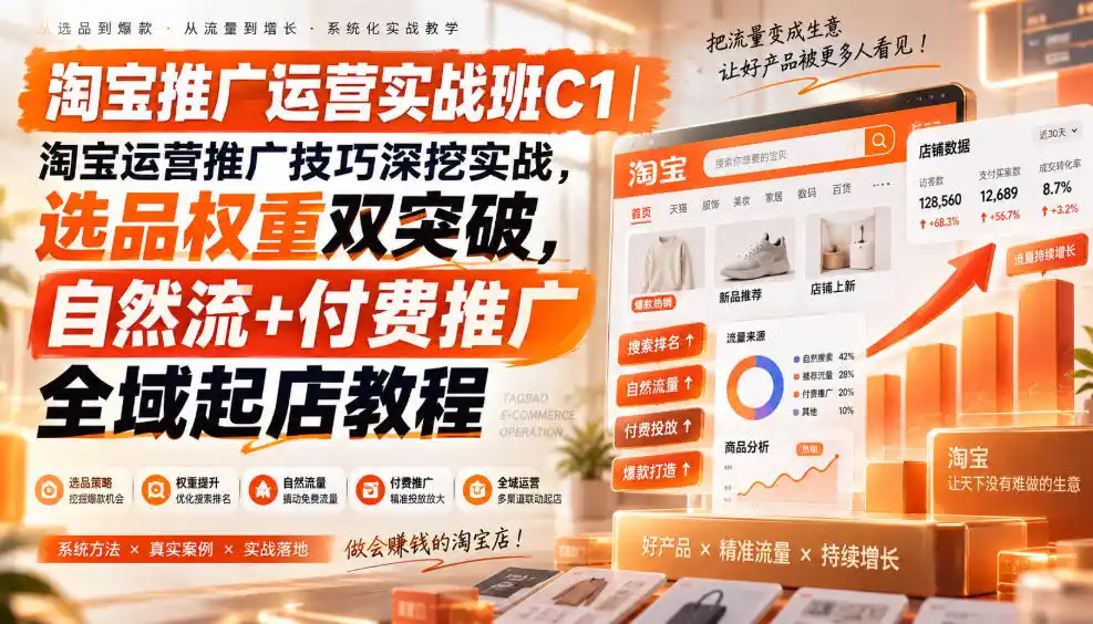 淘宝推广运营实战班C1｜淘宝运营推广技巧深挖实战，选品权重双突破，自然流+付费推广全域起店教程-得宝资源站