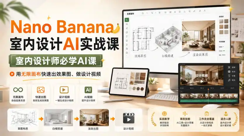 Nano Banana室内设计AI实战课，室内设计师必学AI课，用无限画布快速出效果图、做设计视频-得宝资源站
