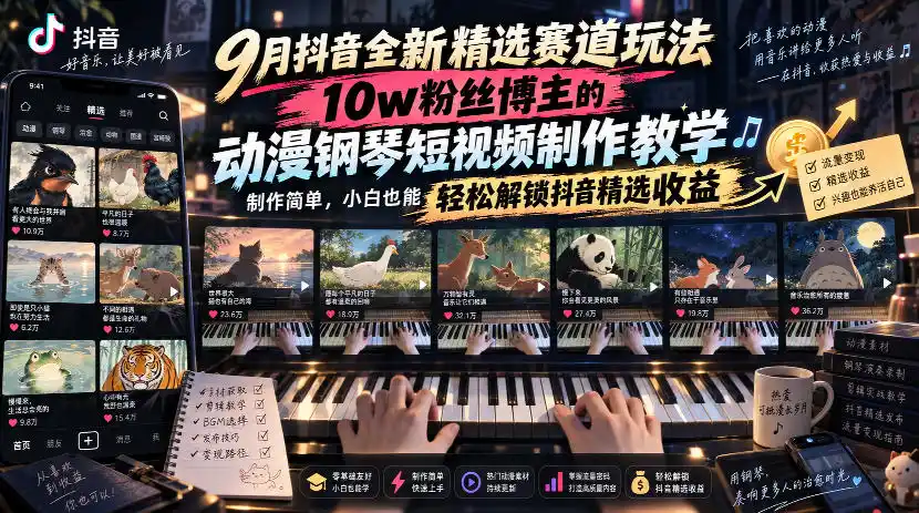 9月抖音全新精选赛道玩法，10w粉丝博主的动漫钢琴短视频制作教学，制作简单，小白也能轻松解锁抖音精选收益-得宝资源站