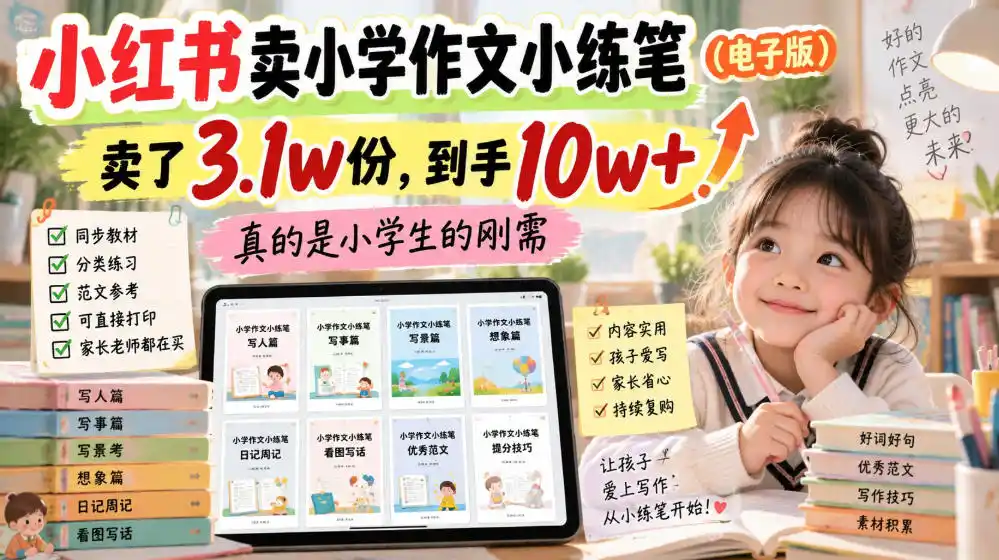 小红书卖小学作文小练笔(电子版)，卖了3.1w份，到手10w+，真的是小学生的刚需-得宝资源站