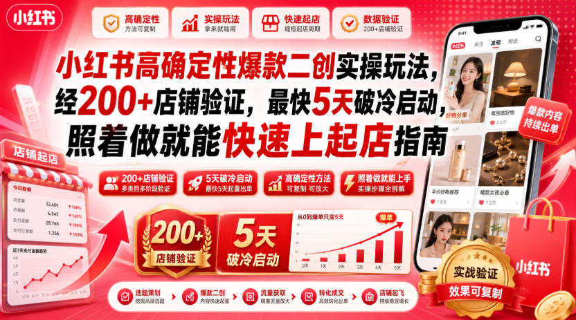 小红书高确定性爆款二创实操玩法，经200+店铺验证，最快5天破冷启动，照着做就能快速上起店指南-得宝资源站