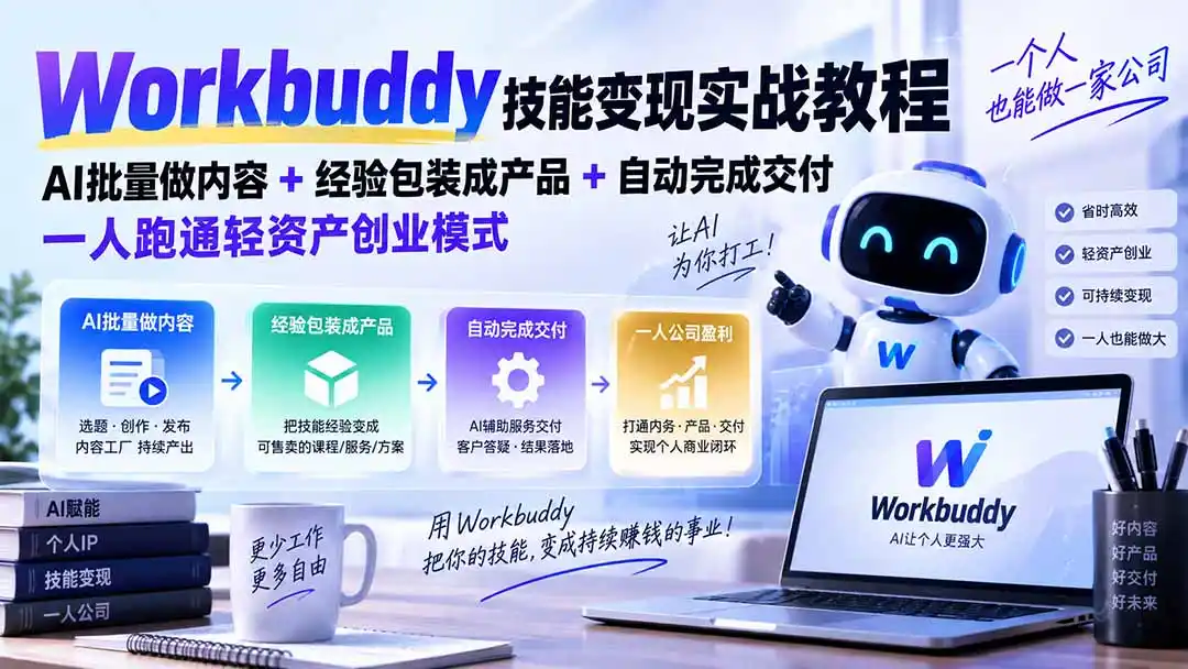Workbuddy技能变现实战教程：AI批量做内容+经验包装成产品+自动完成交付，一人跑通轻资产创业模式-得宝资源站