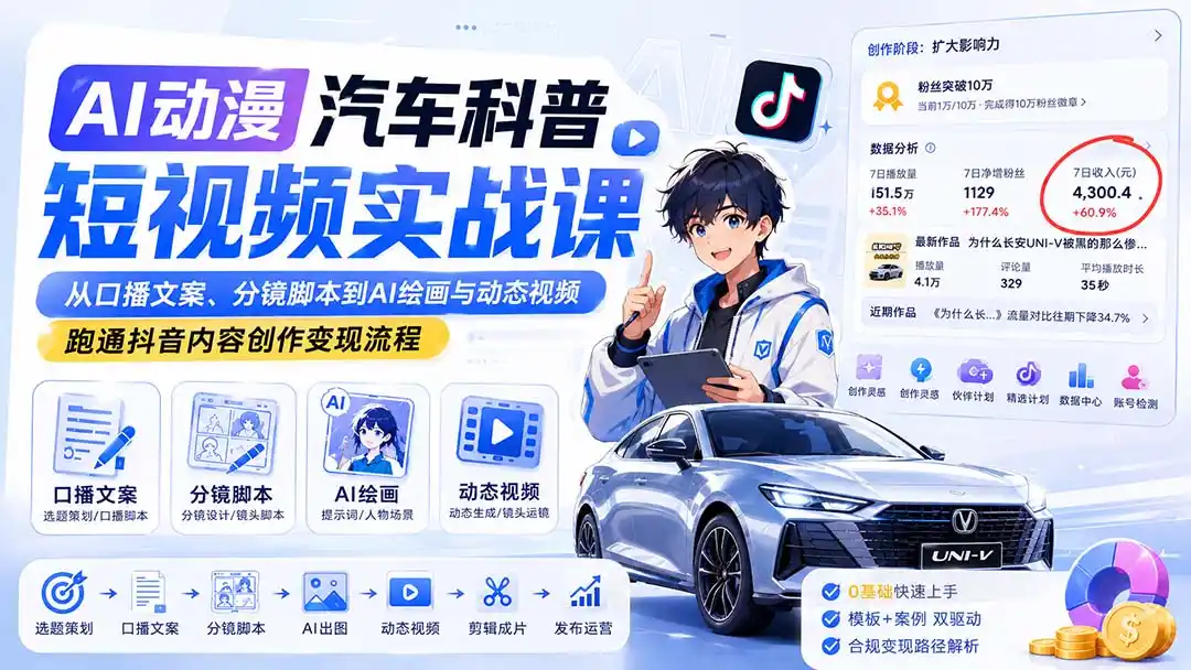 AI动漫汽车科普短视频实战课：从口播文案、分镜脚本到AI绘画与动态视频，跑通抖音内容创作变现流程-得宝资源站