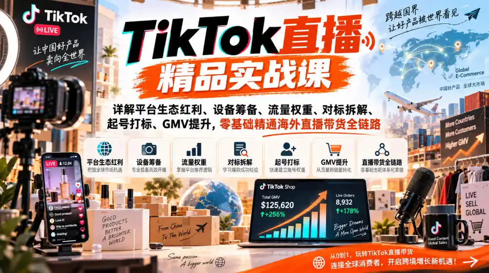 TikTok直播精品实战课，详解平台生态红利、设备筹备、流量权重、对标拆解、起号打标、GMV提升，零基础精通海外直播带货全链路-得宝资源站