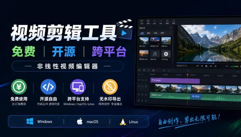 视频剪辑工具，免费、开源、跨平台，非线性视频编辑器，支持Windows、macOS、Linux，无水印、无订阅费用-得宝资源站