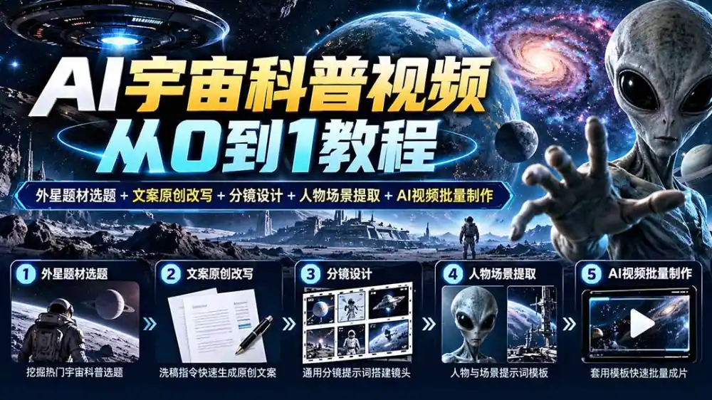 AI宇宙科普视频从0到1教程｜外星题材选题+文案原创改写+分镜设计+人物场景提取+AI视频批量制作-得宝资源站