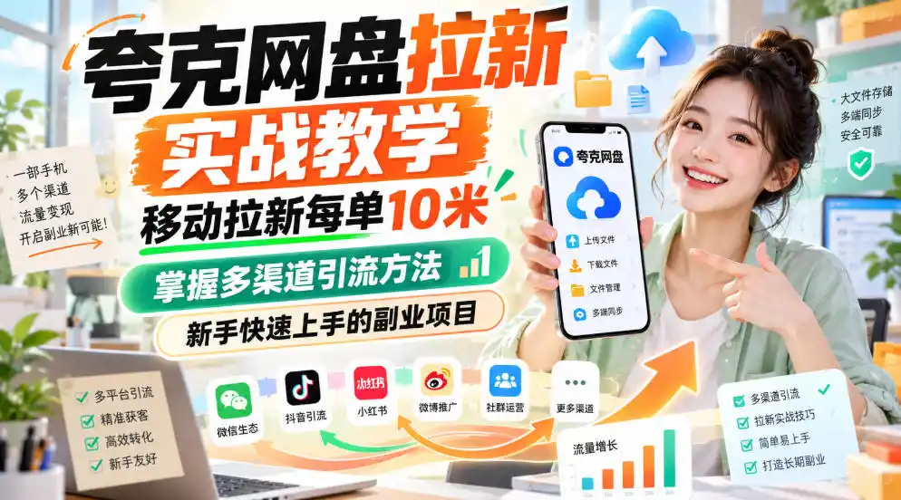 夸克网盘拉新实战教学，移动拉新每单10米，掌握多渠道引流方法，新手快速上手的副业项目-得宝资源站