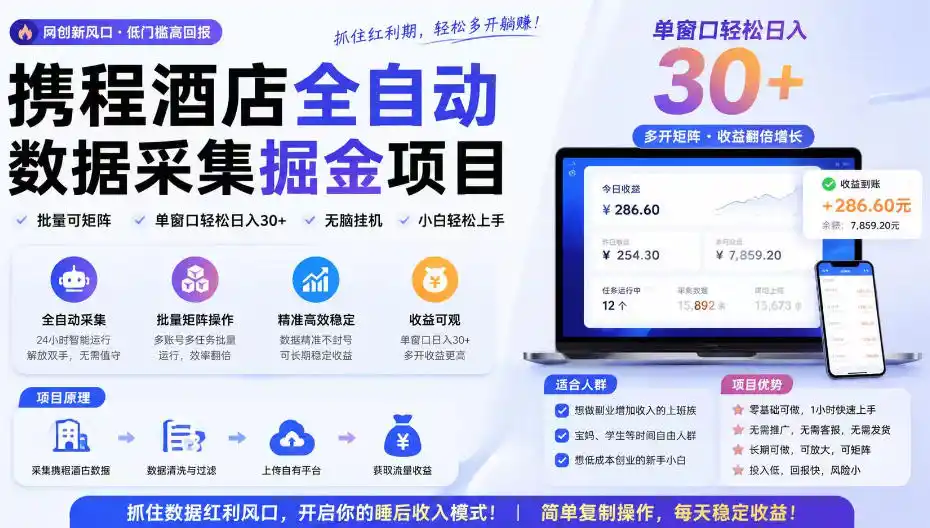 携程酒店采集挂G项目，批量可矩阵，单机轻松日入300+，开启你的睡后收入模式!【揭秘】-得宝资源站