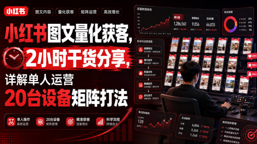 小红书图文量化获客，2小时干货分享，详解单人运营20台设备矩阵打法-得宝资源站