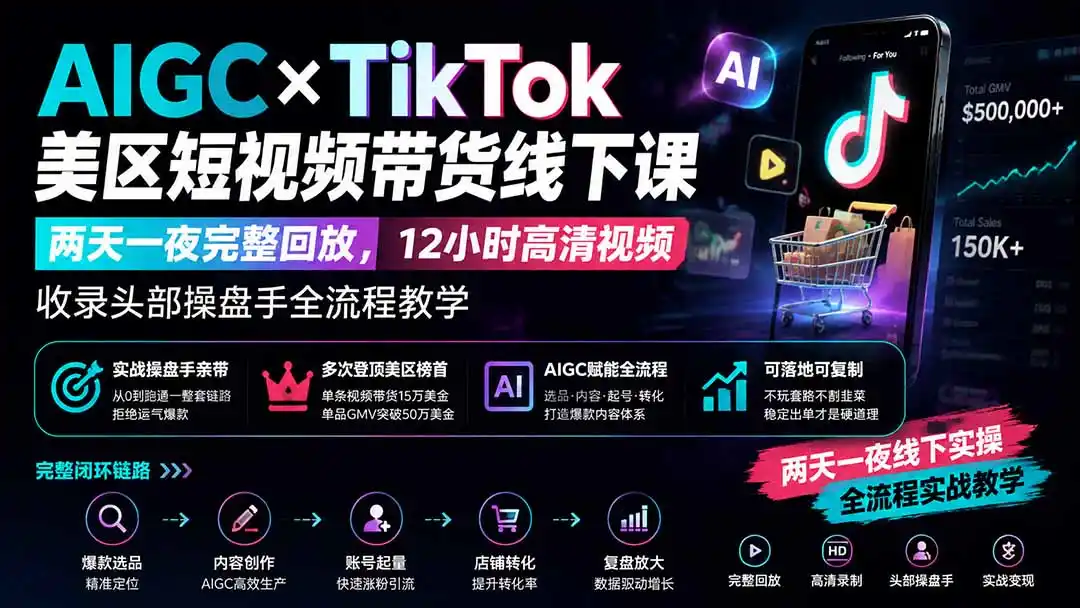 AIGC×TikTok美区短视频带货线下课；两天一夜完整回放，12小时高清视频收录头部操盘手全流程教学-得宝资源站