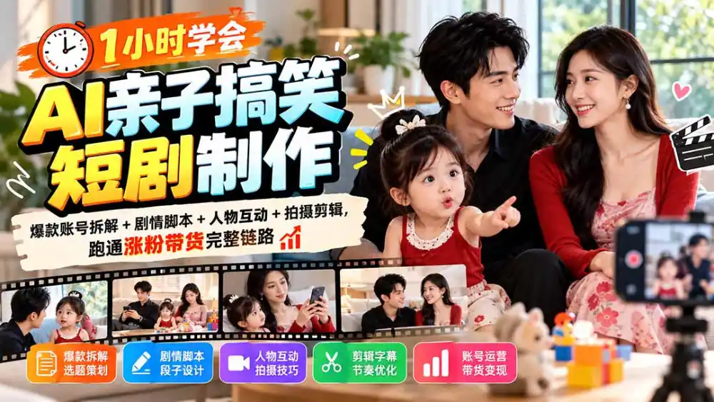 1小时学会AI亲子搞笑短剧制作：爆款账号拆解+剧情脚本+人物互动+拍摄剪辑，跑通涨粉带货完整链路-得宝资源站