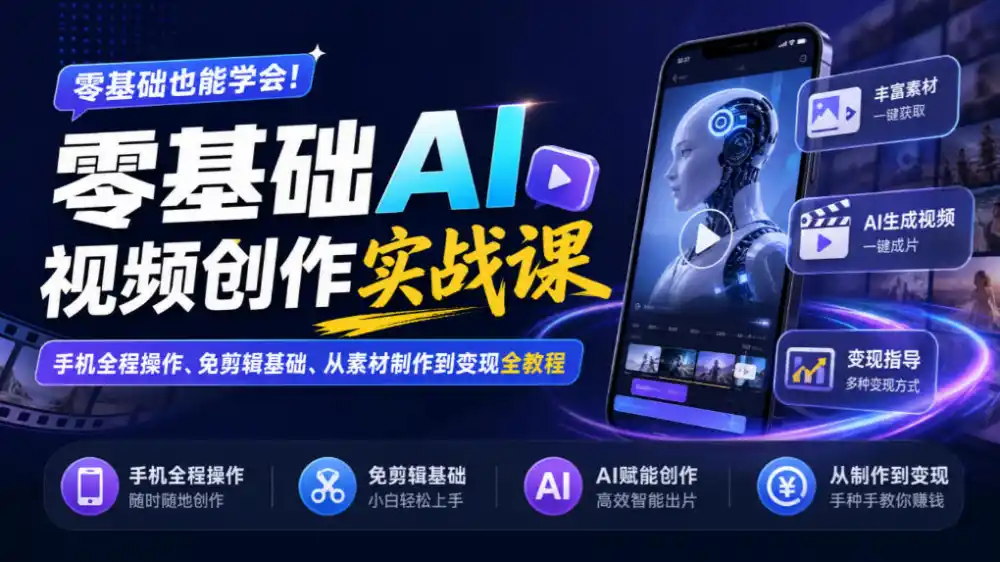 零基础AI视频创作实战课｜手机全程操作、免剪辑基础、从素材制作到变现全教程-得宝资源站