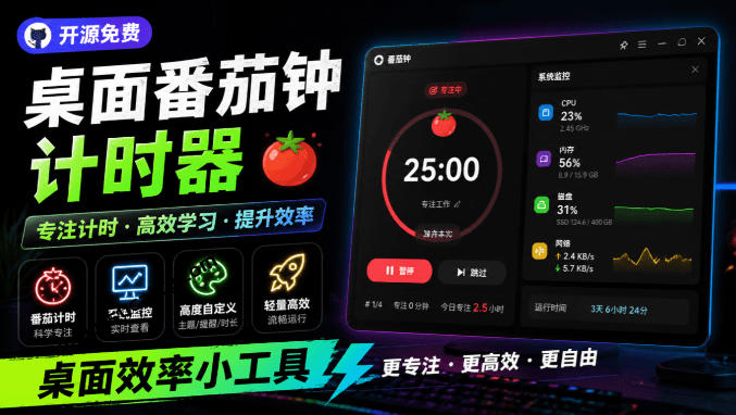 仅1.16MB，开源极简的桌面时钟、番茄钟计时器，还支持系统监控显示，桌面效率小工具Catime-得宝资源站