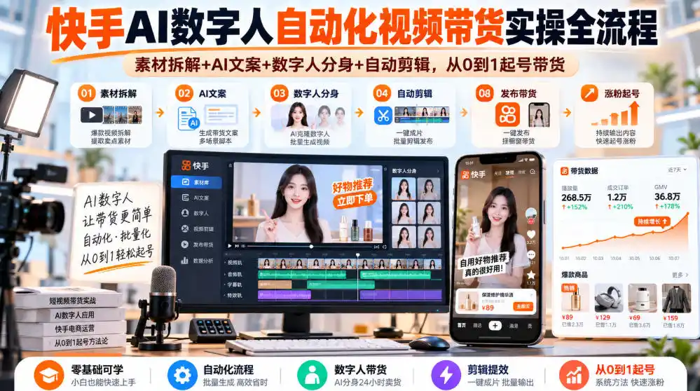 快手AI数字人自动化视频带货实操全流程｜素材拆解+AI文案+数字人分身+自动剪辑，从0到1起号带货(更新26年)-得宝资源站