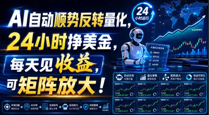 AI自动顺势反转量化，24小时挣美金，每天见收益，可矩阵放大！【揭秘】-得宝资源站