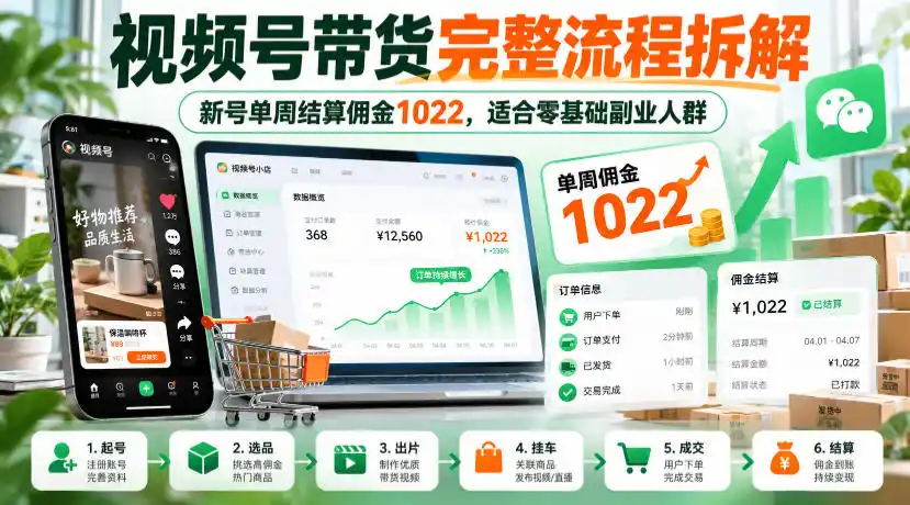 视频号带货完整流程拆解，新号单周结算佣金1022，适合零基础副业人群-得宝资源站