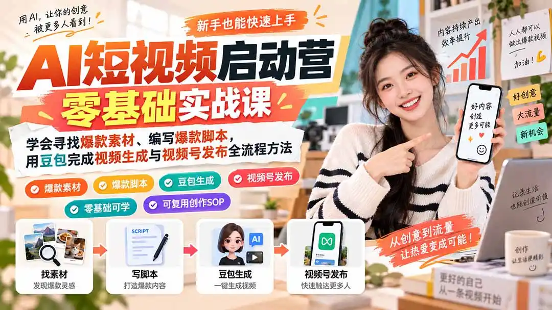 AI短视频启动营零基础实战课：学会寻找爆款素材、编写爆款脚本，用豆包完成视频生成与视频号发布全流程方法-得宝资源站