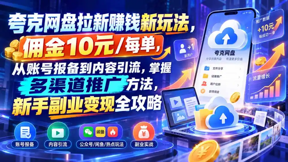 夸克网盘拉新赚钱新玩法，佣金10元/每单，从账号报备到内容引流，掌握多渠道推广方法，新手副业变现全攻略-得宝资源站