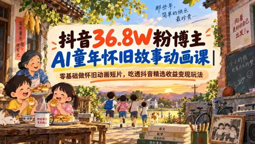 抖音36.8W粉博主AI童年怀旧故事动画课｜零基础做怀旧动画短片，吃透抖音精选收益变现玩法-得宝资源站