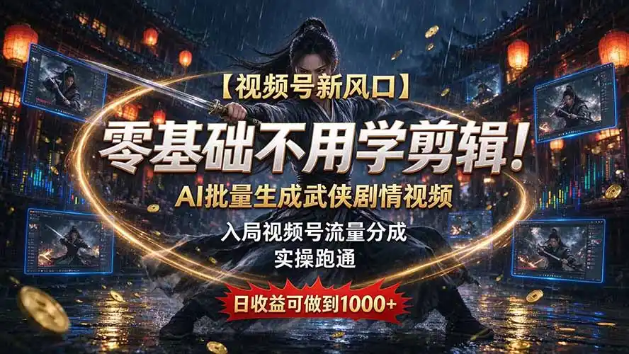 【视频号新风口】零基础不用学剪辑！AI 批量生成武侠剧情视频，入局视频号流量分成，实操跑通，日收益可做到 1000+-得宝资源站