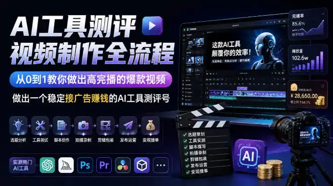 AI工具测评视频制作全流程，从0到1教你做出高完播的爆款视频，做出一个稳定接广告賺钱的AI工具测评号-得宝资源站