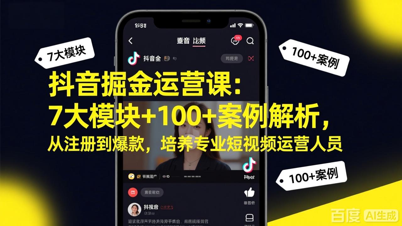 抖音掘金运营课：7大模块+100+案例解析，从注册到爆款，培养专业短视频运营人员-得宝资源站