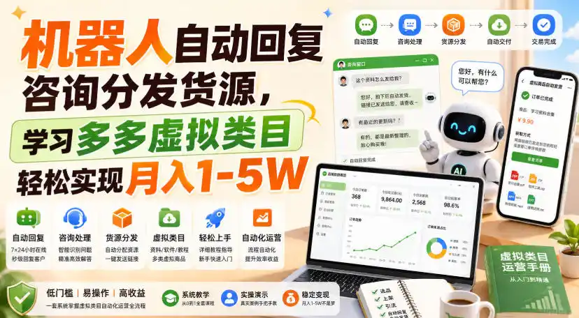 机器人自动回复咨询分发货源，学习多多虚拟类目轻松实现月入1-5W【揭秘】-得宝资源站